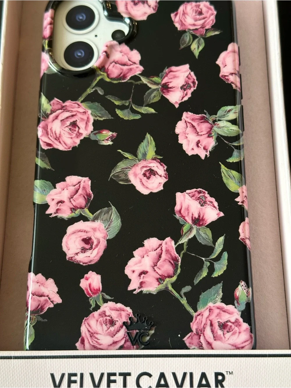 Velvet Caviar iPhone 16 Plus Black Case with Pink Rose Floral Print